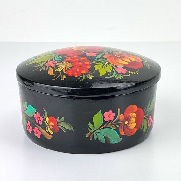 Vintage Russian Hand Painted Floral Lacquer Trinket Box Folk Art - Picture 4 of 9